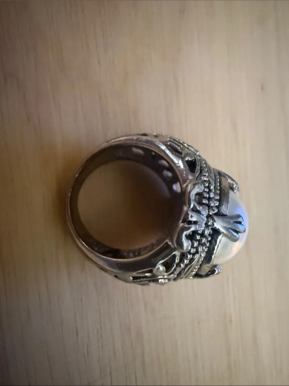 Vintage Premier Designs Silver Ornate Statement Ring Gaux Pearl BOHO